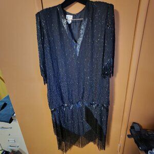 Jet Black Beaded Vintage Judith Ann Creations 100% Silk Size L